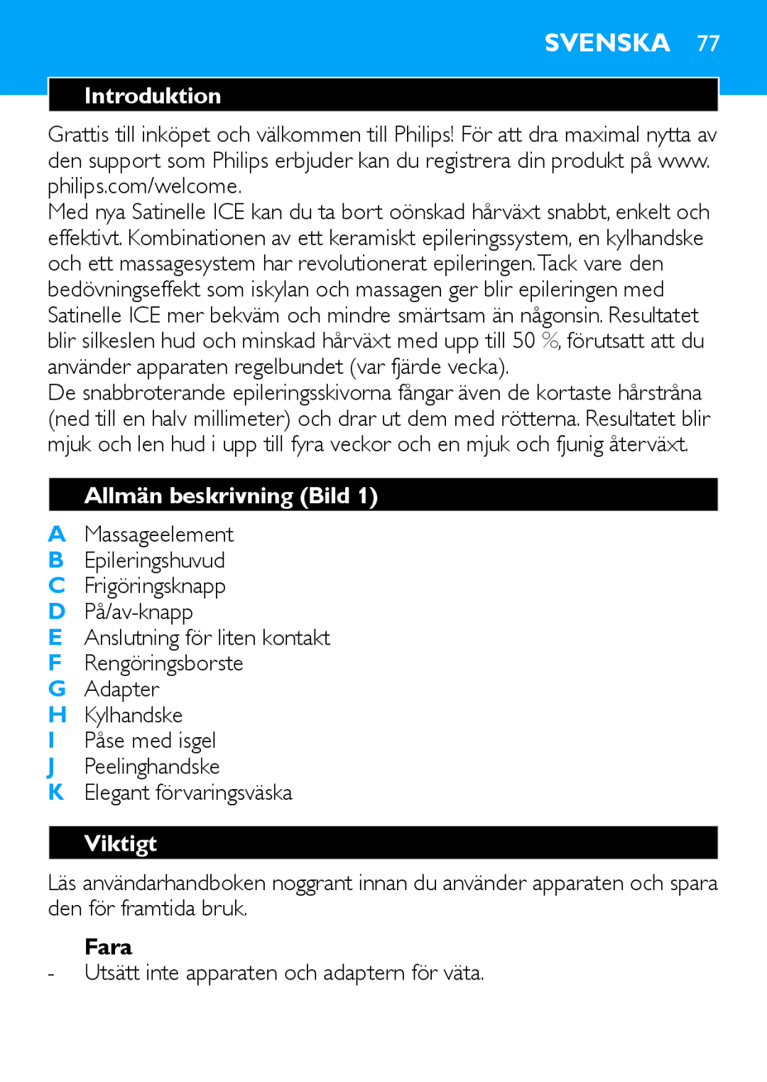 Philips HP6481 manual Svenska, Allmän beskrivning Bild, Viktigt, Fara, Utsätt inte apparaten och adaptern för väta 