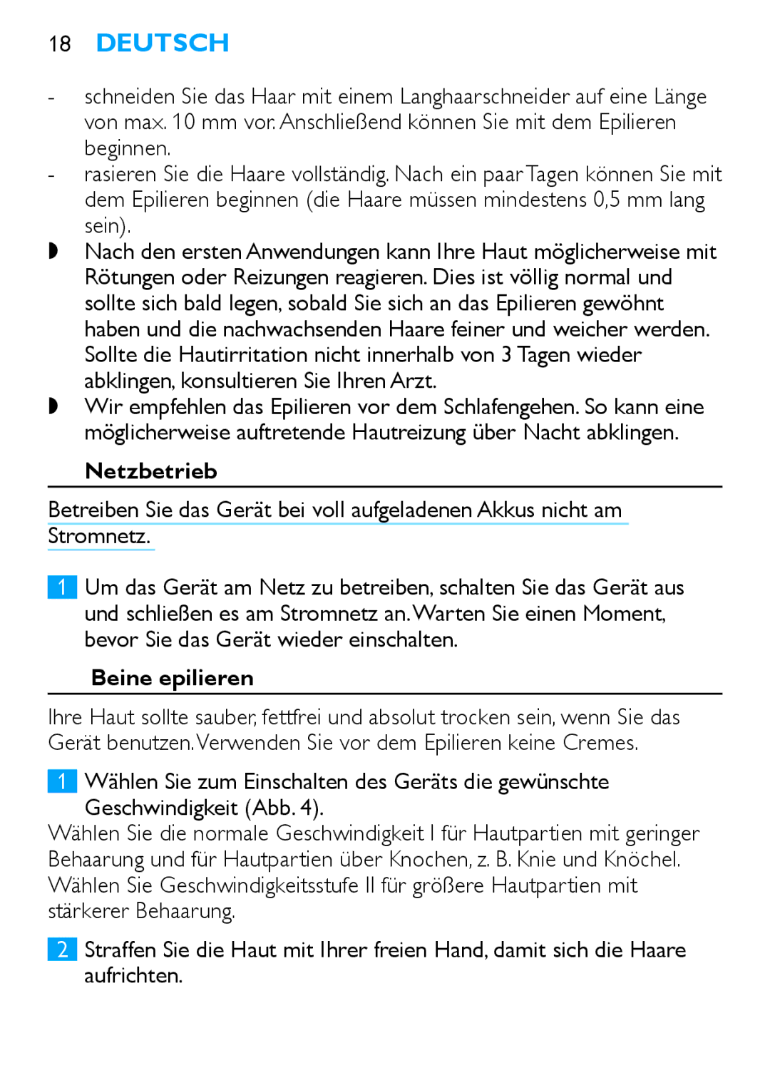 Philips HP6490 manual Sein, Netzbetrieb, Beine epilieren 