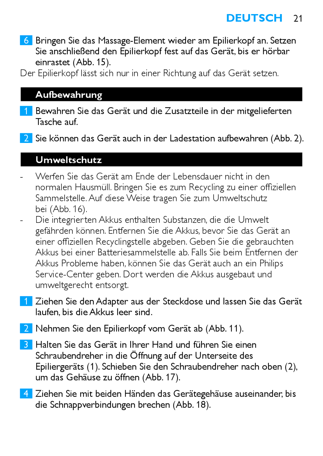 Philips HP6490 manual Aufbewahrung, Umweltschutz 