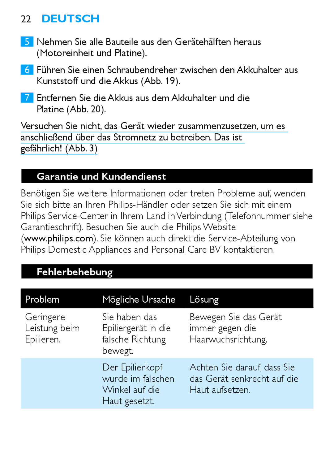 Philips HP6490 manual Garantie und Kundendienst, Fehlerbehebung, Problem Mögliche Ursache Lösung, Wurde im falschen 