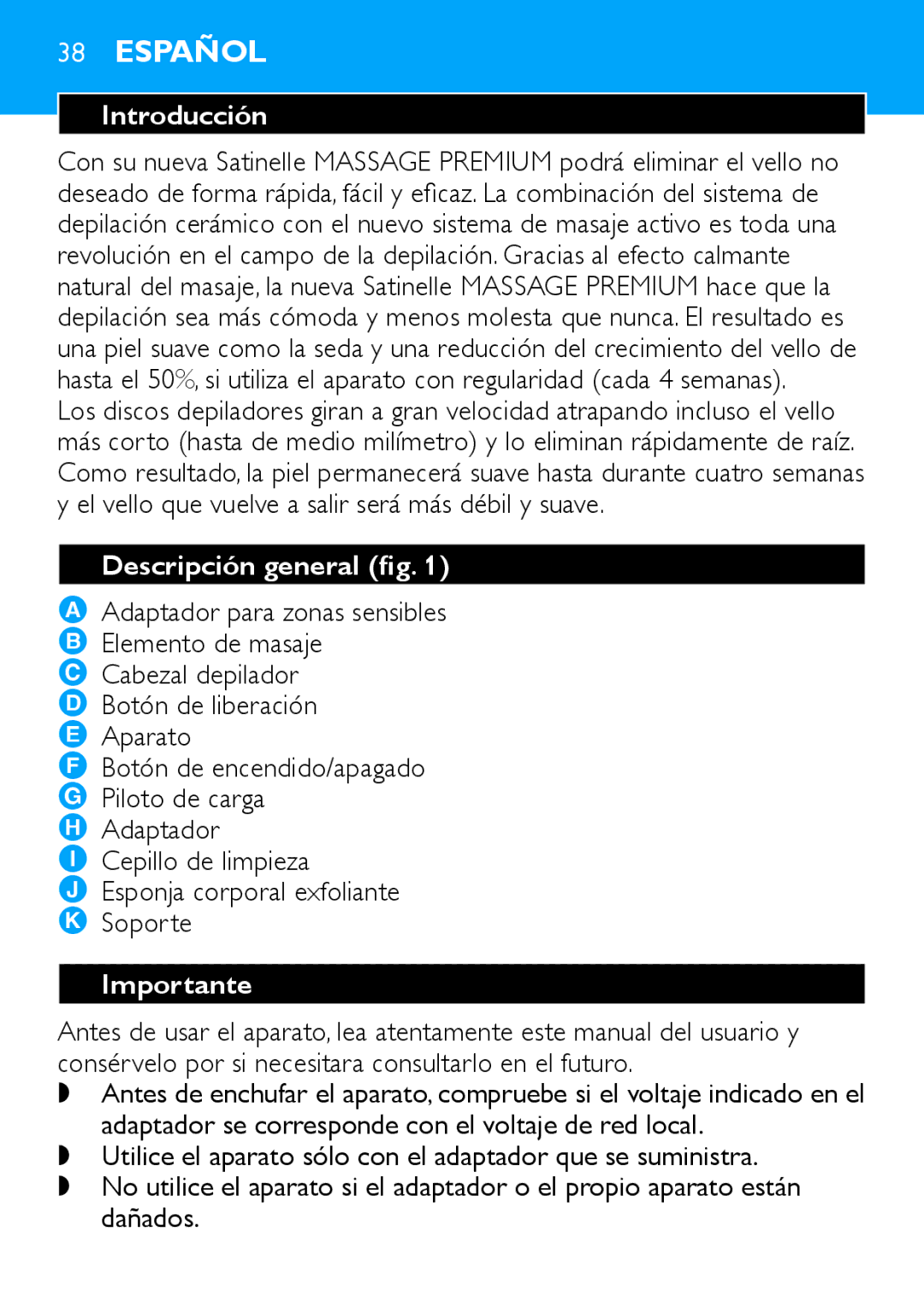 Philips HP6490 manual Introducción, Descripción general fig, Importante 