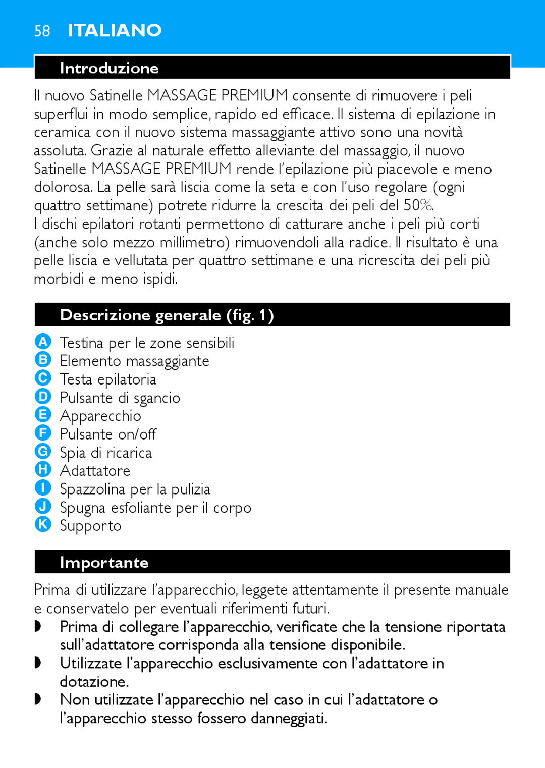 Philips HP6490 manual Introduzione, Descrizione generale fig 