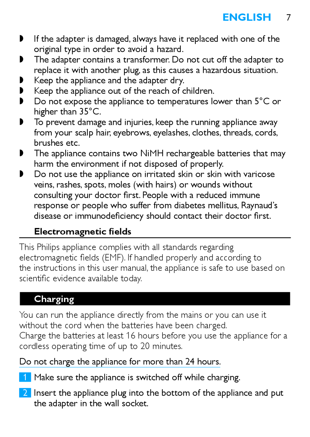 Philips HP6490 manual English, Electromagnetic fields, Charging 