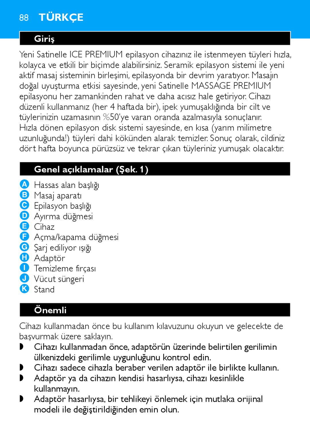 Philips HP6490 manual Giriş, Genel açıklamalar Şek, Önemli 