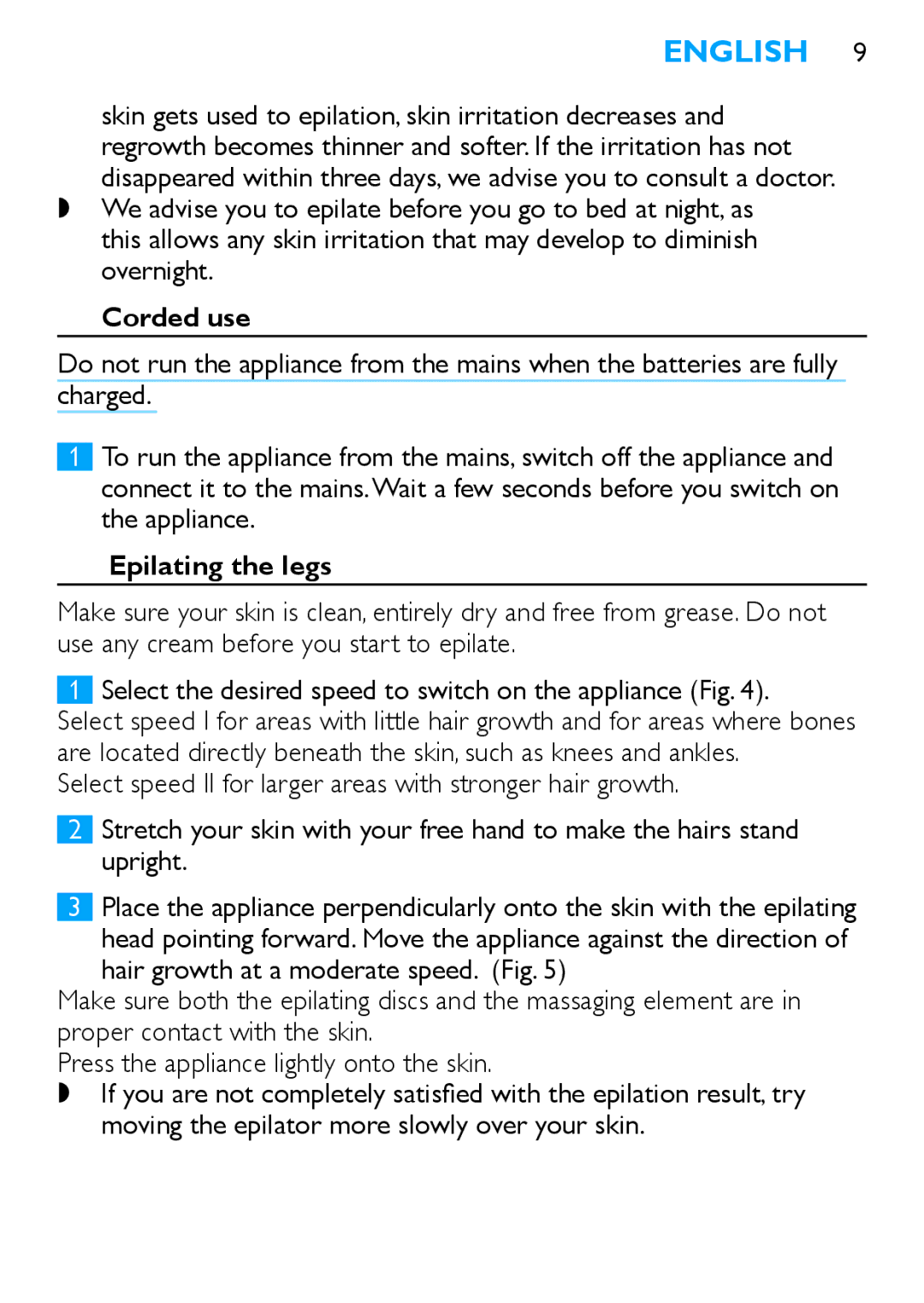 Philips HP6490 manual English , Corded use, Epilating the legs 