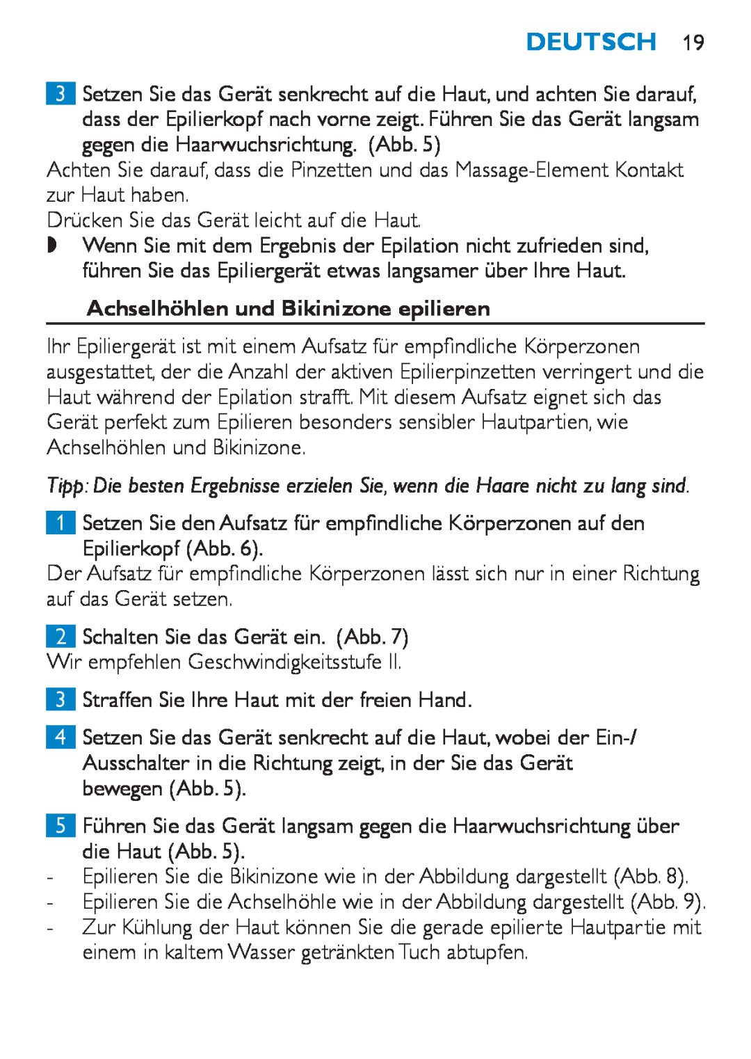 Philips HP6490 manual Achselhöhlen und Bikinizone epilieren, Deutsch, 3 4 5 