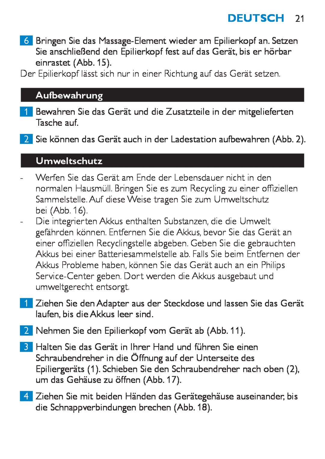 Philips HP6490 manual Aufbewahrung, Umweltschutz, Deutsch 