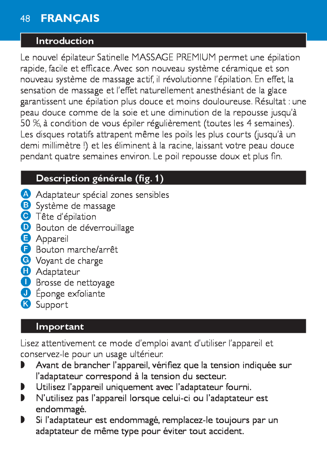 Philips HP6490 manual 48Français, Description générale fig, Introduction 