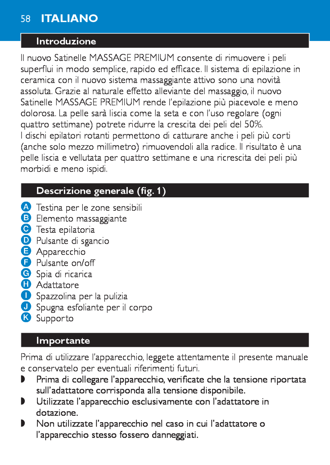 Philips HP6490 manual 58Italiano, Introduzione, Descrizione generale fig, Importante 