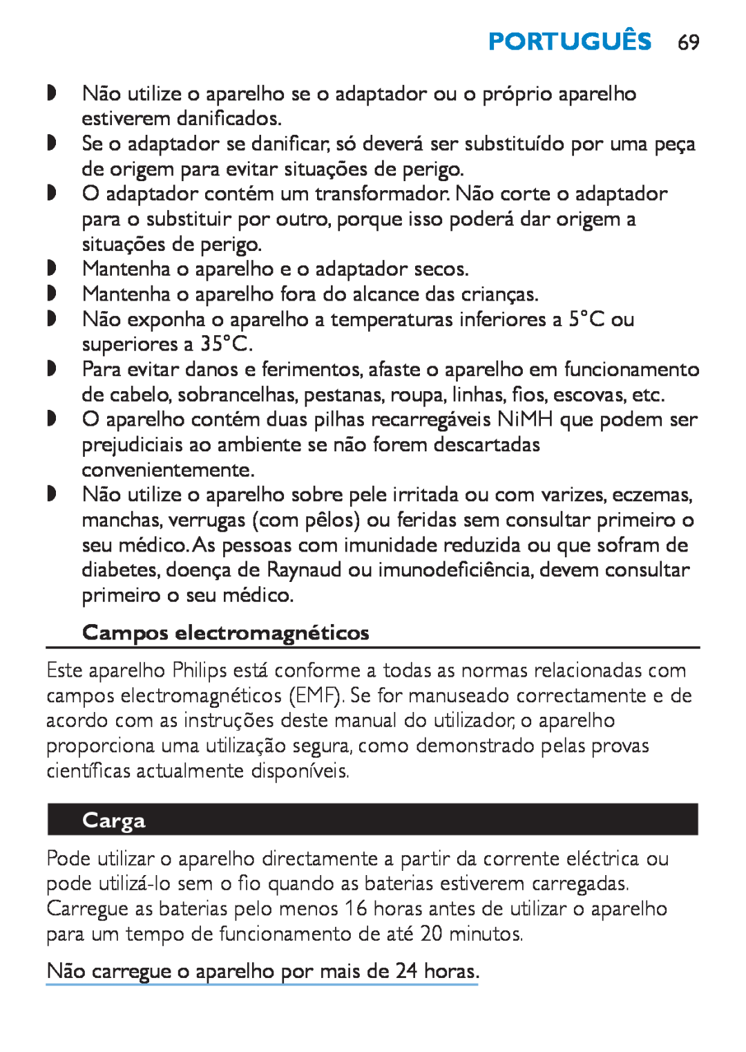 Philips HP6490 manual Português, Campos electromagnéticos, Carga 