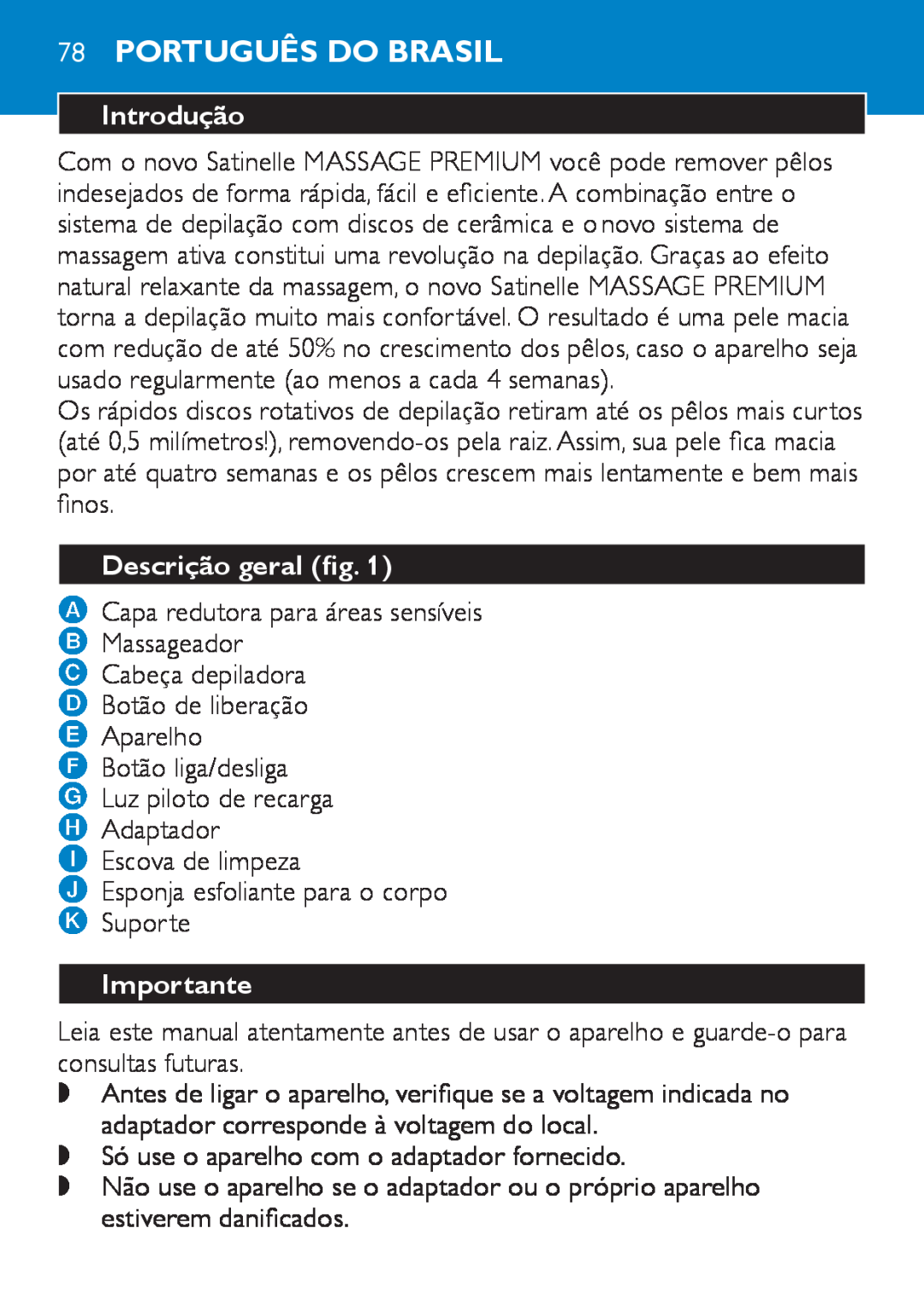 Philips HP6490 manual 78Português do Brasil, Introdução, Descrição geral fig, Importante 