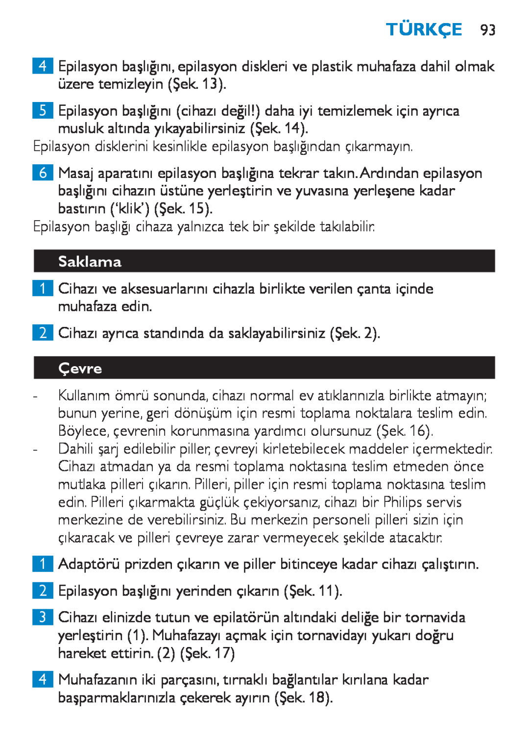 Philips HP6490 manual Saklama, Çevre, Türkçe 