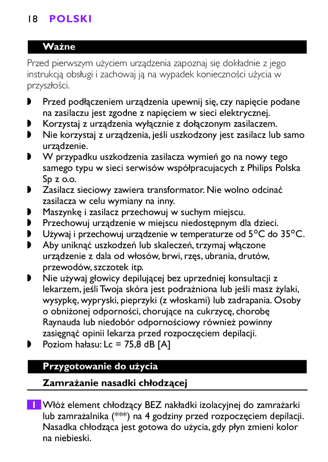 Philips HP6491, HP6493 Polski, Ważne, Poziom hałasu Lc = 75,8 dB a, Przygotowanie do użycia Zamrażanie nasadki chłodzącej 