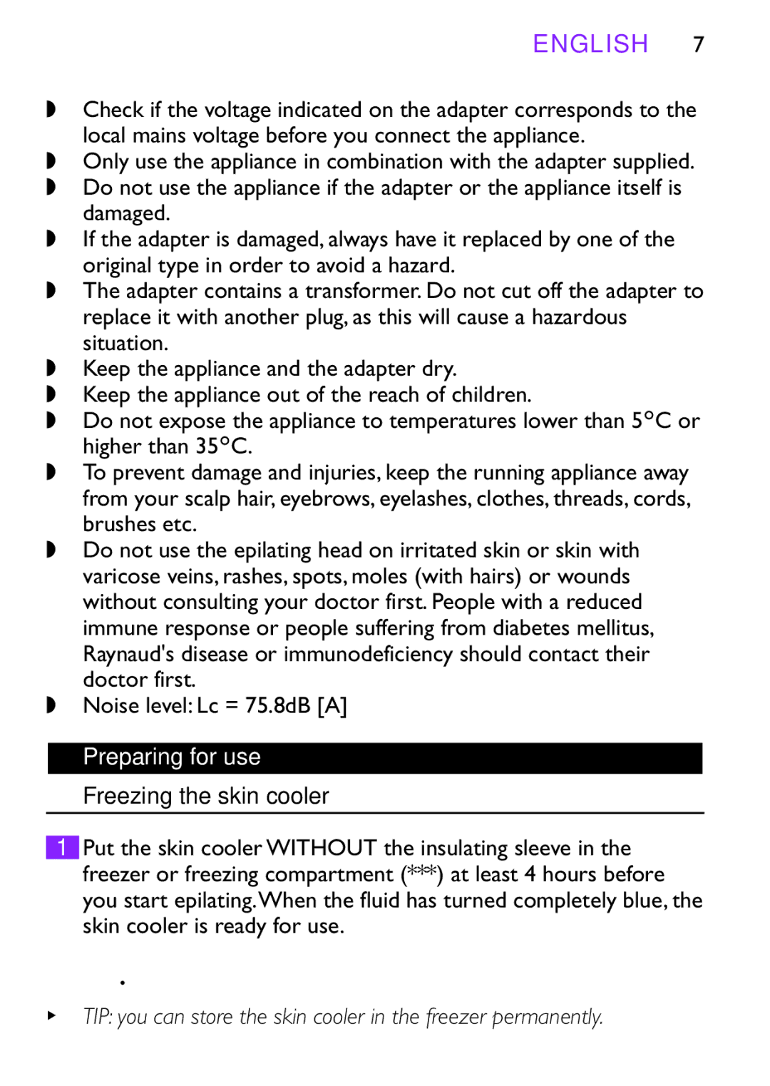 Philips HP6493, HP6491 manual English, Preparing for use Freezing the skin cooler 