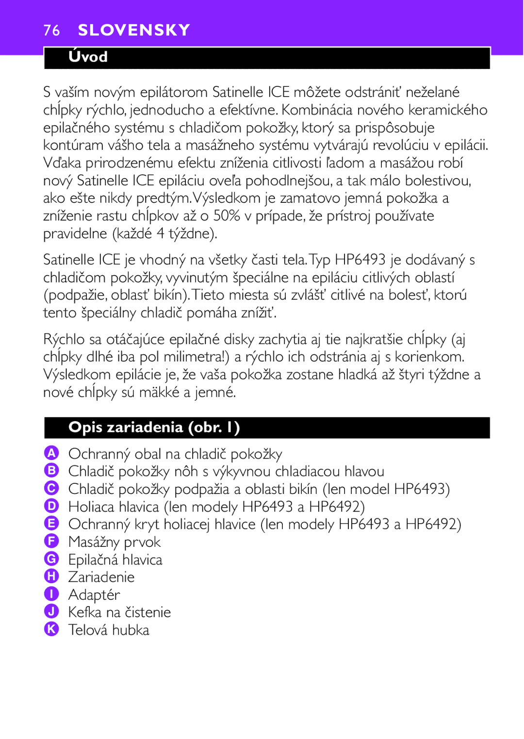 Philips HP6491, HP6493 manual Slovensky, Opis zariadenia obr 