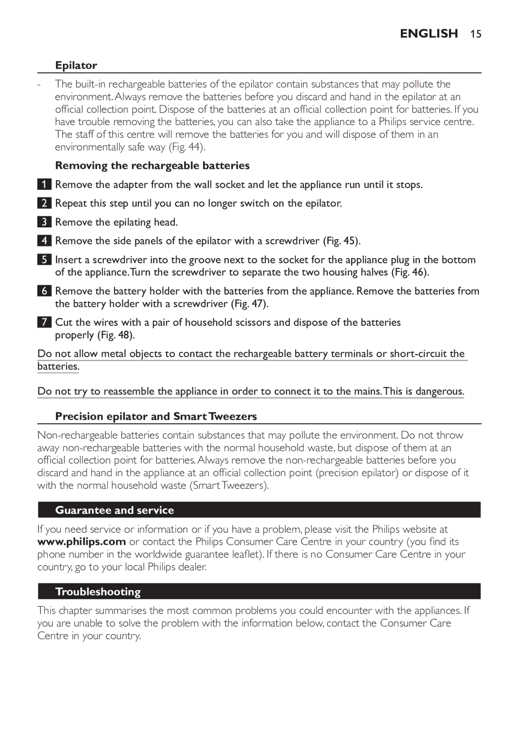 Philips HP6578 manual Epilator, Removing the rechargeable batteries, Precision epilator and Smart Tweezers 