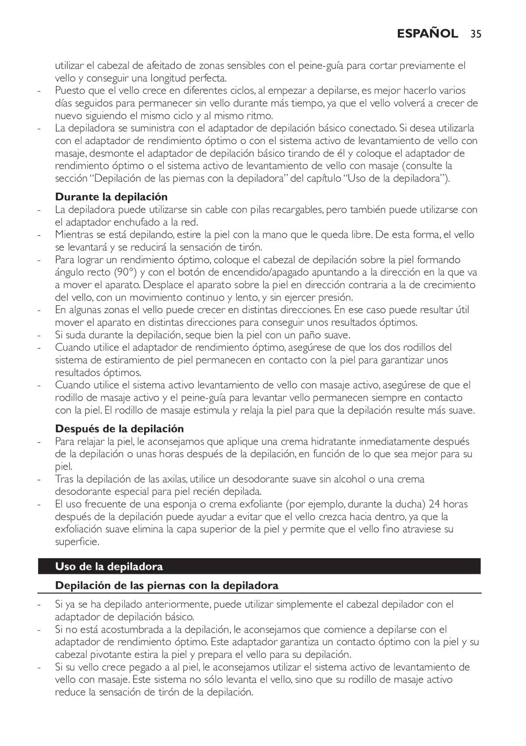 Philips HP6578 manual Durante la depilación, Después de la depilación, Uso de la depiladora 