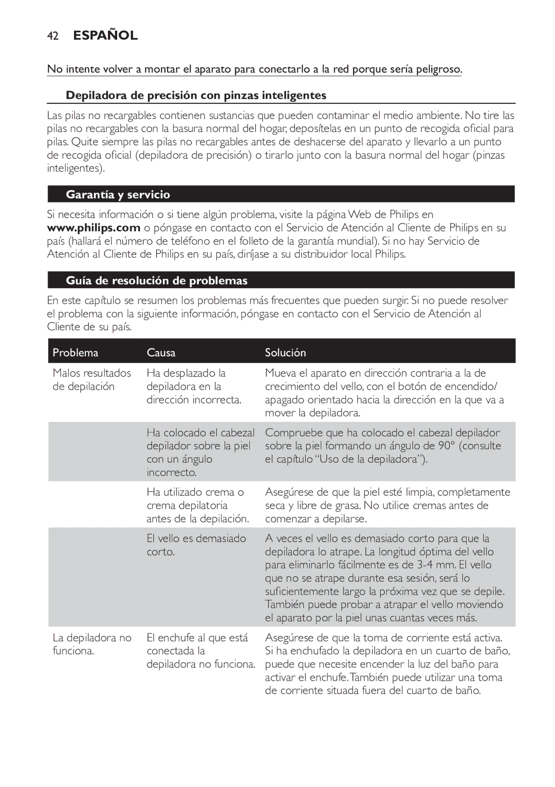 Philips HP6578 manual Depiladora de precisión con pinzas inteligentes, Garantía y servicio Guía de resolución de problemas 