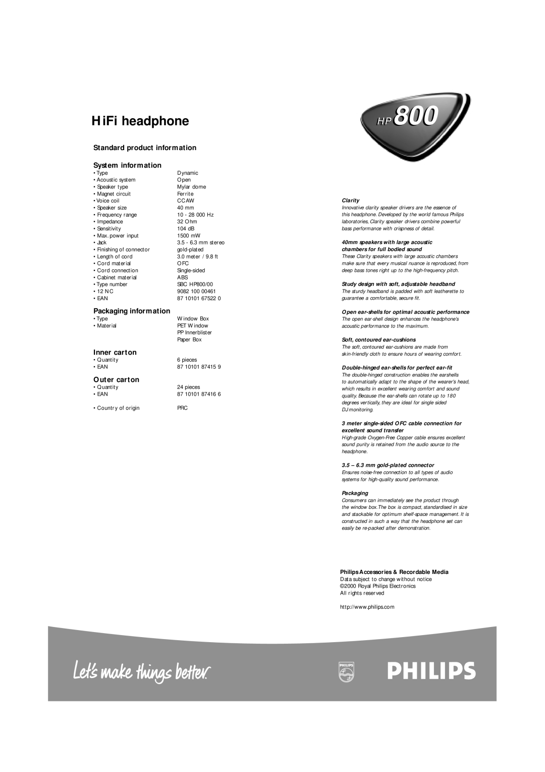 Philips HP800 manual Standard product information System information, Packaging information, Inner carton, Outer carton 