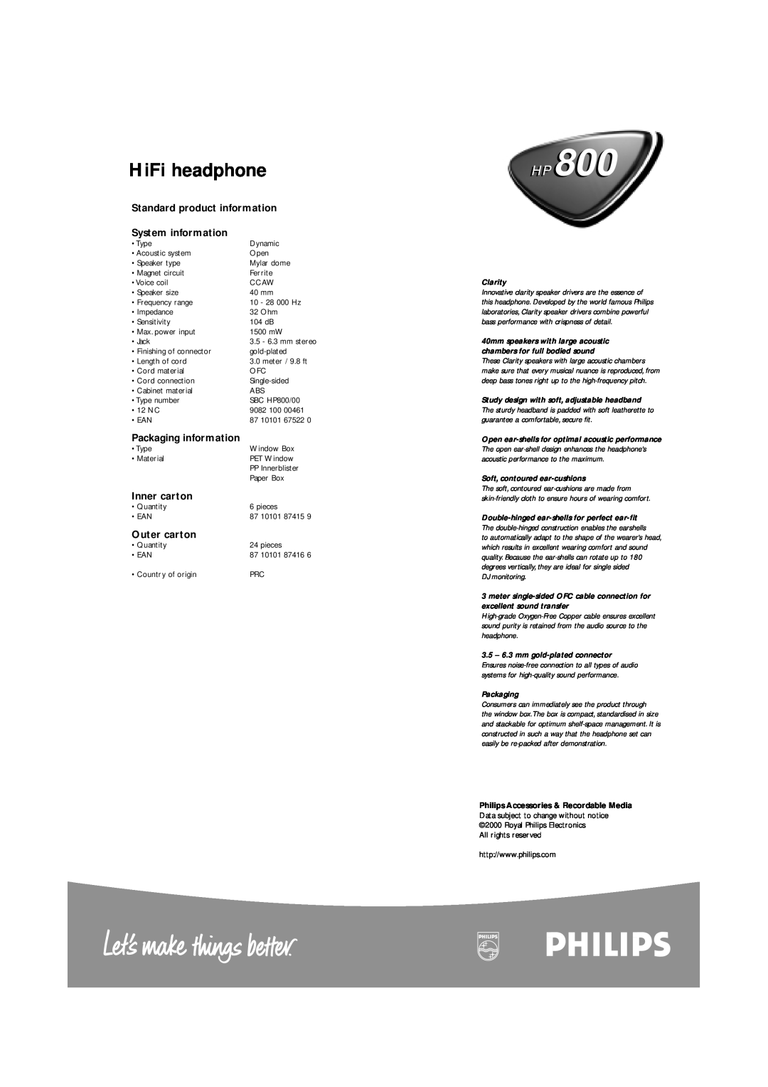 Philips HP800 manual HiFi headphone, Standard product information System information, Packaging information, Inner carton 