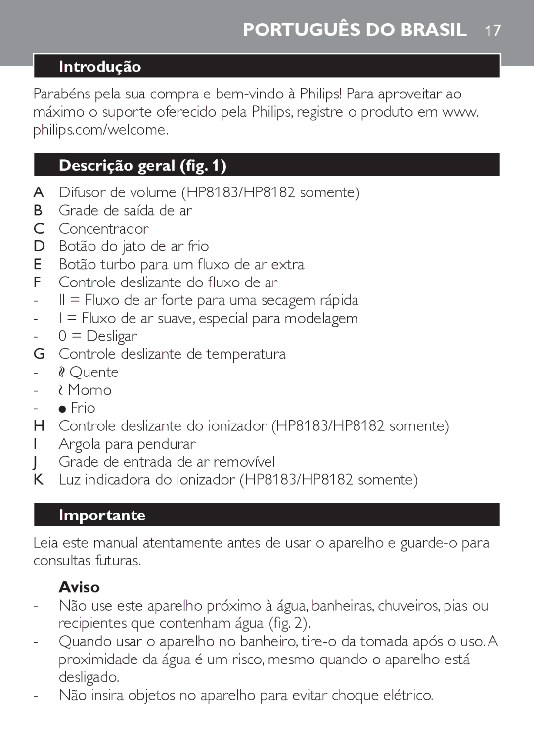 Philips HP8183 manual Introdução Descrição geral, Aviso 