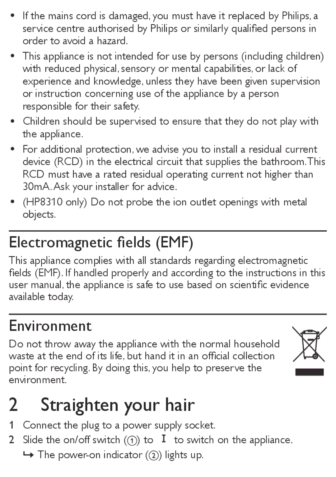 Philips HP8309/00, HP8310/00 user manual Straighten your hair, Electromagnetic fields EMF Environment 