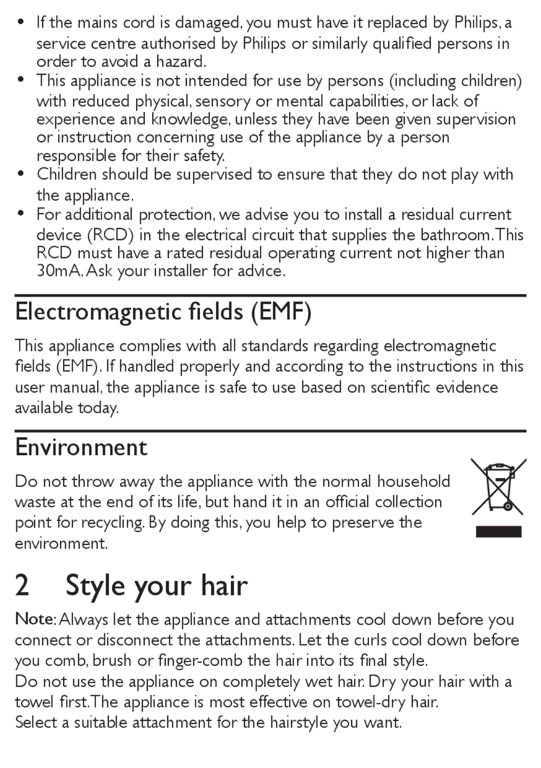 Philips HP8651, HP8650 user manual Style your hair, Environment 