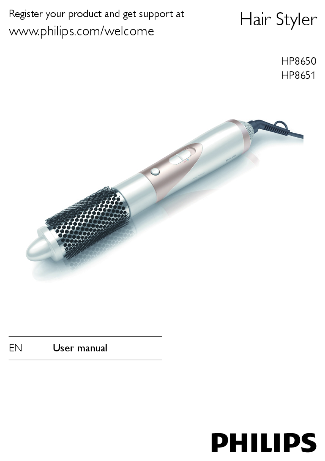 Philips HP8650 user manual Hair Styler, Register your product and get support at, HP8651, EN User manual 