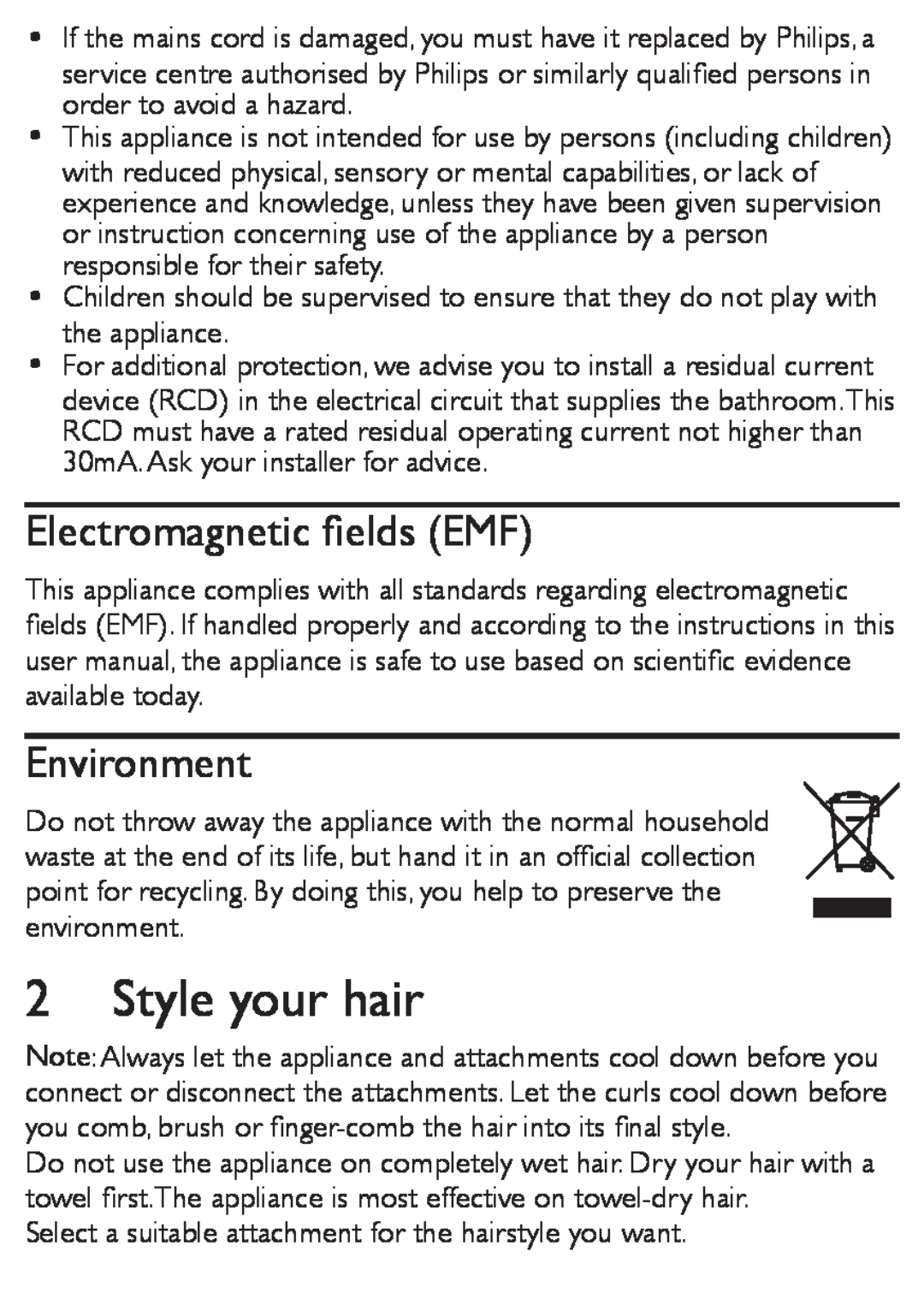 Philips HP8651, HP8650 user manual Style your hair, Electromagnetic ﬁelds EMF, Environment 