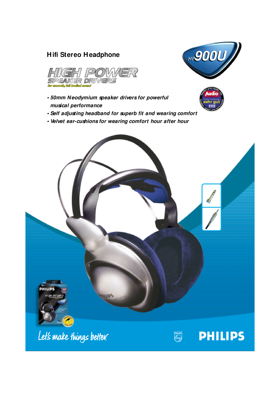 Philips HP900U manual Hifi Stereo Headphone 