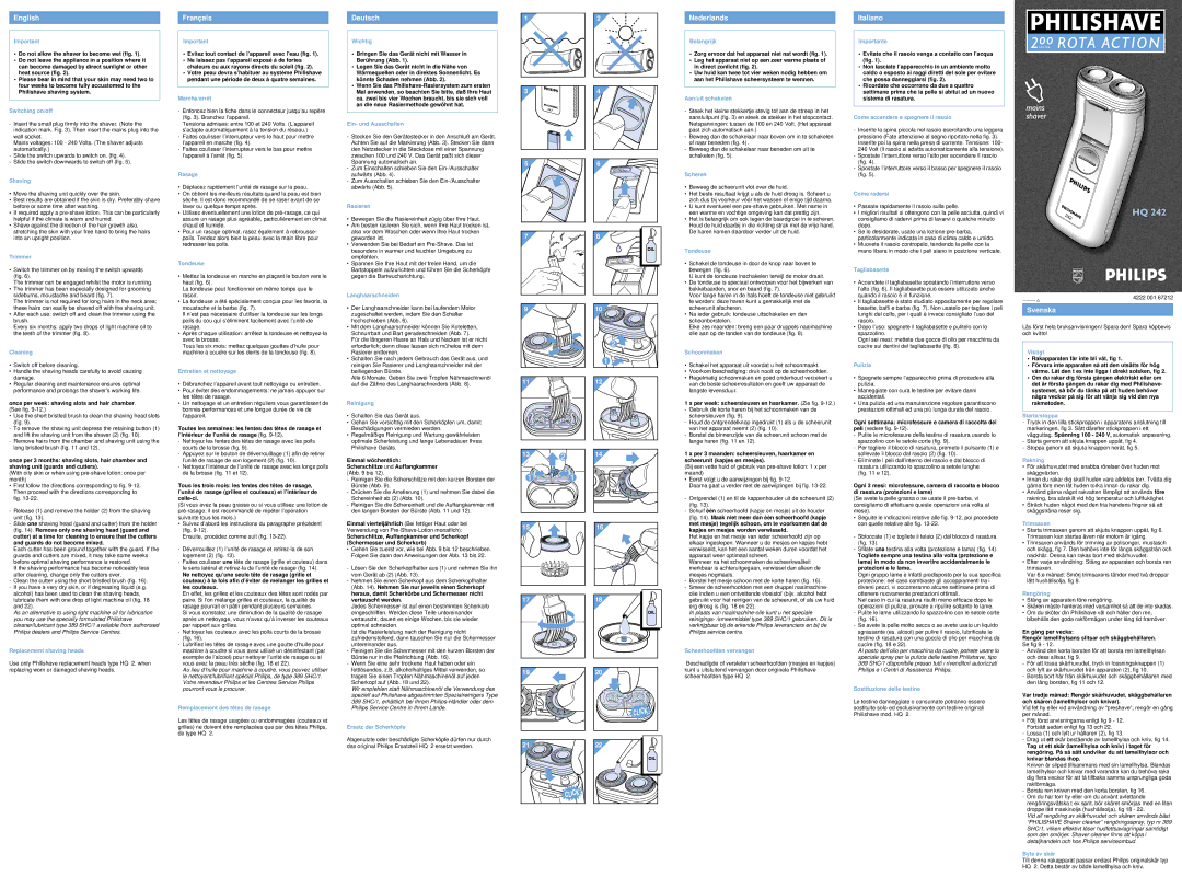 Philips HQ 242 manual Switching on/off, Shaving, Trimmer, Cleaning, Replacement shaving heads, Marche/arrê t, Rasage 