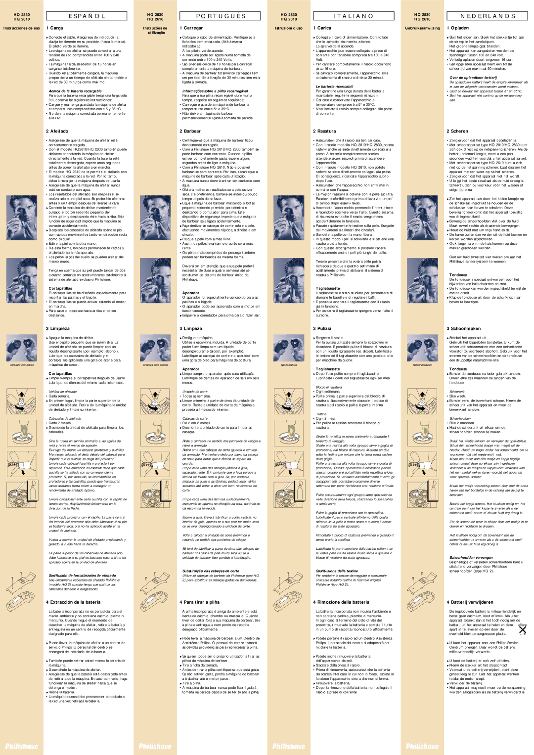 Philips HQ 2810 Carga, Carregar, Carica, Opladen, Afeitado, Limpieza, Extracción de la batería, Barbear, Limpeza, Rasatura 