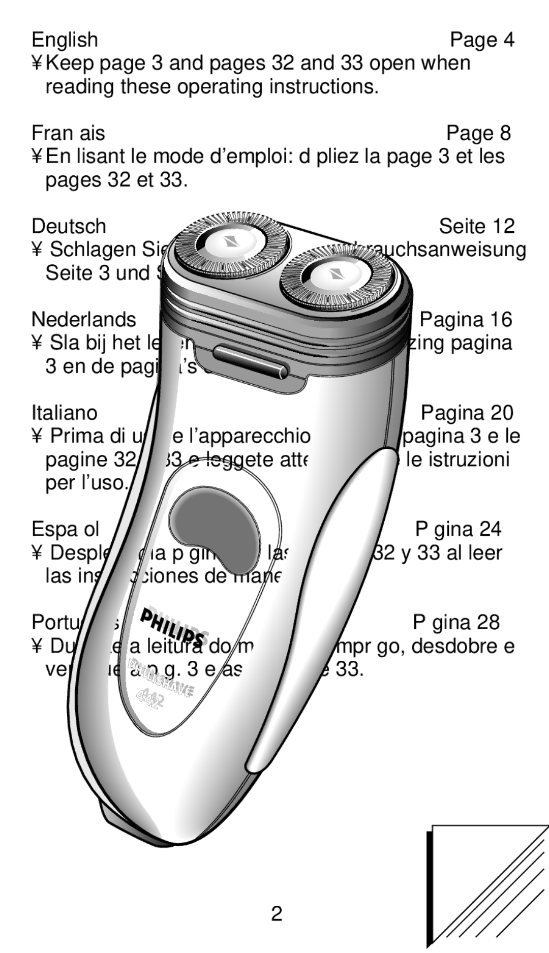 Philips HQ 442 manual English, Français, Deutsch, Nederlands, Italiano, Español, Português 