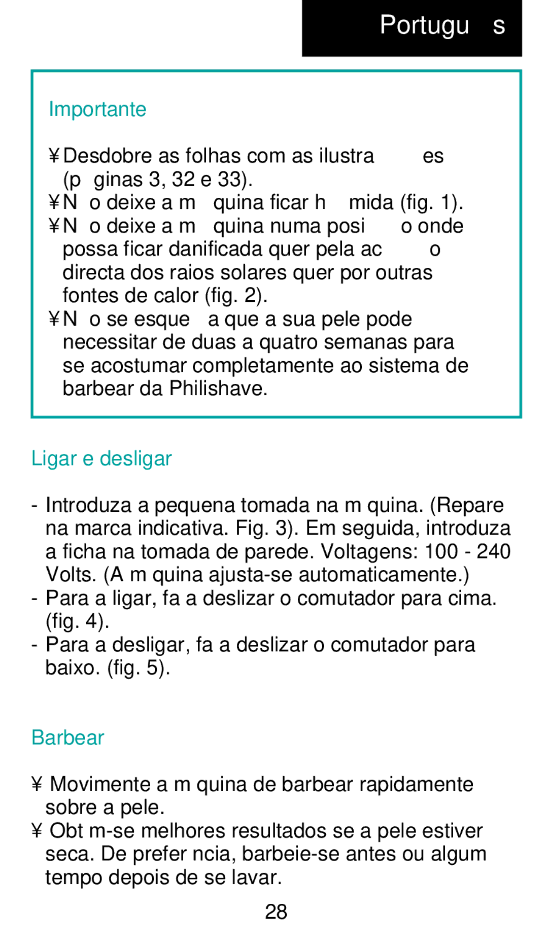 Philips HQ 442 manual Portuguê s, Ligar e desligar, Barbear 