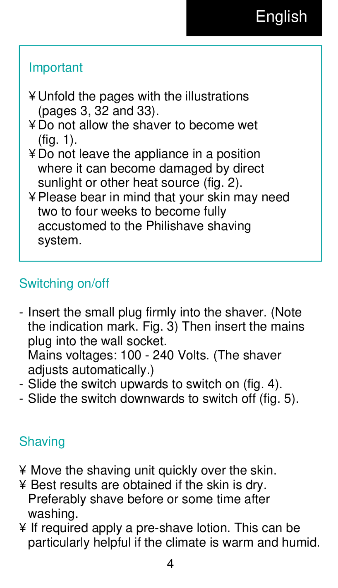 Philips HQ 442 manual English, Switching on/off, Shaving 