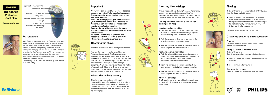 Philips HQ 564563 manual HQ 564/563 Philishave Cool Skin, Introduction, Charging the shaver, About the built-in battery 