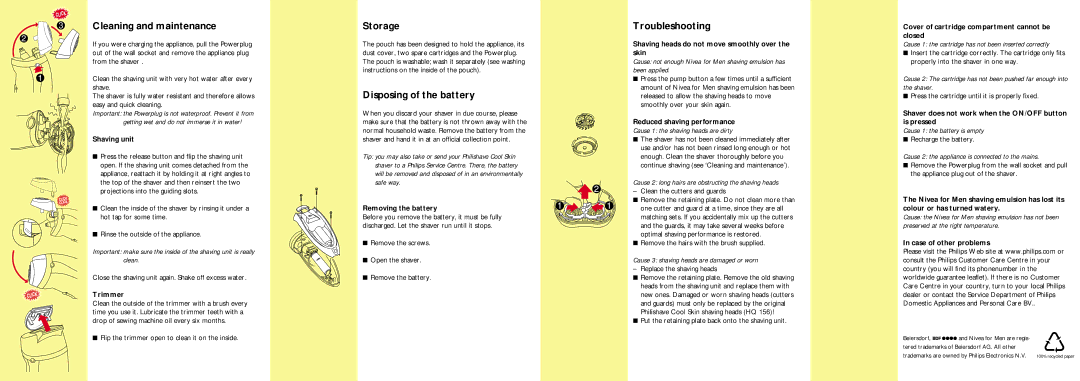 Philips HQ 564563 manual Storage, Disposing of the battery, Troubleshooting 