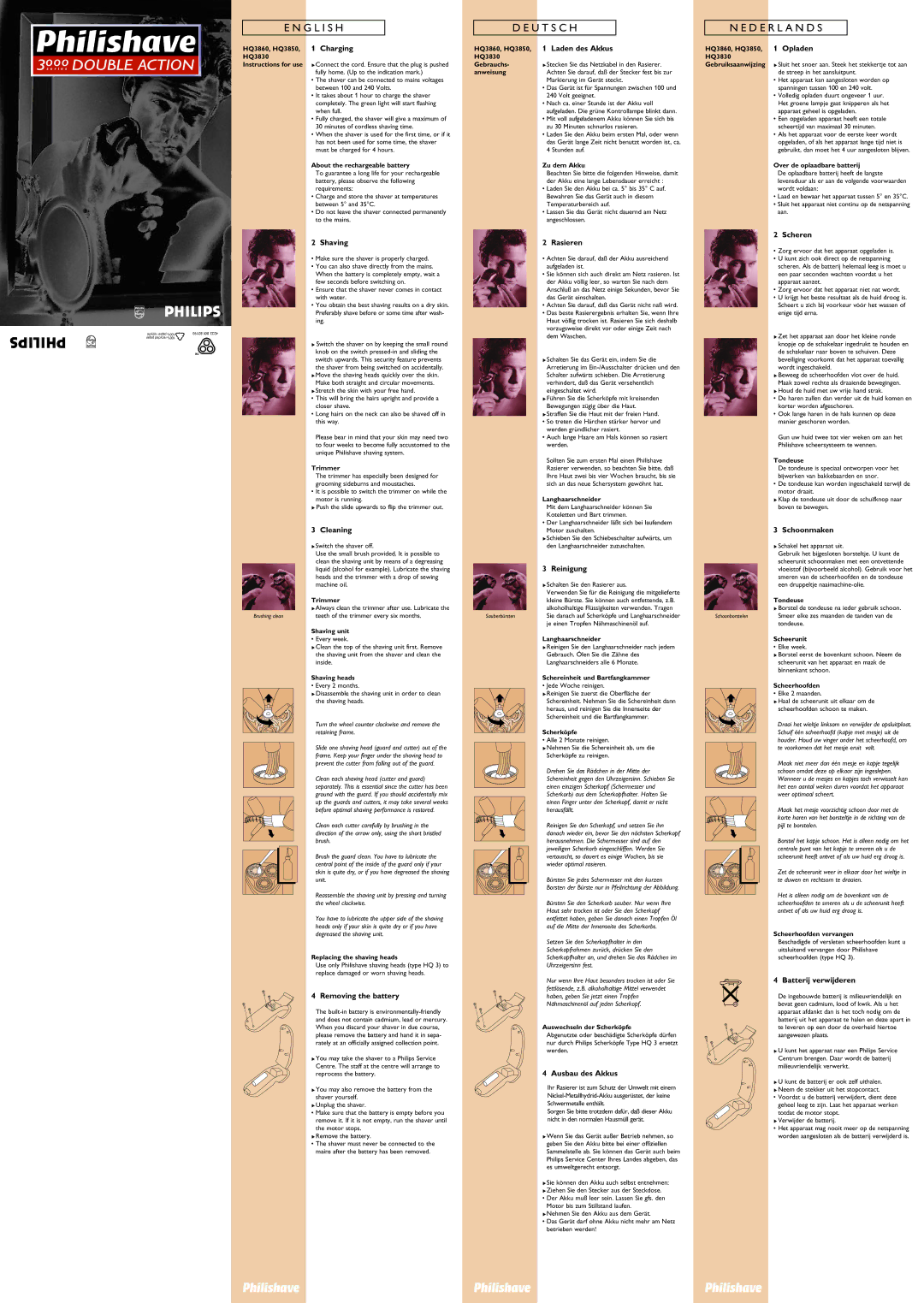 Philips manual Charging, HQ3860, HQ3850, 1 Laden des Akkus, Scheren, Shaving, Rasieren, Cleaning, Reinigung 