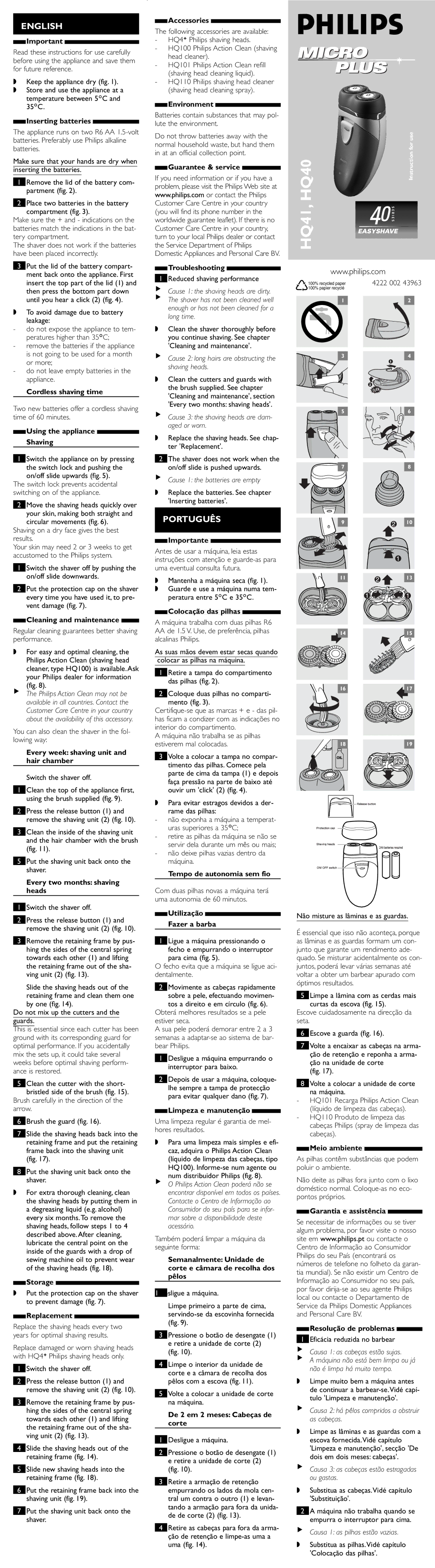 Philips HQ41 manual Inserting batteries, Cordless shaving time, Using the appliance Shaving, Cleaning and maintenance 