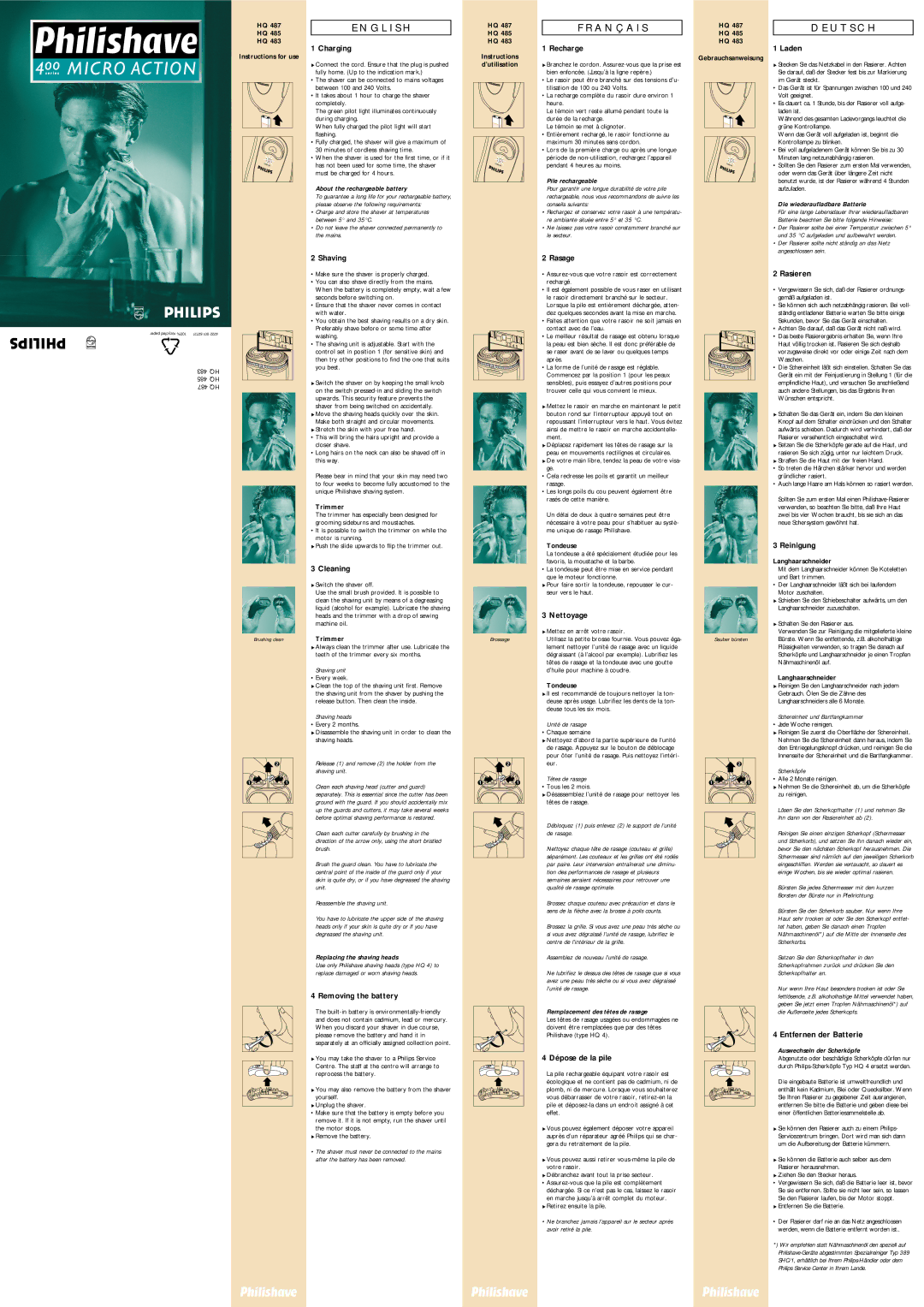 Philips HQ487 manual Charging, Recharge, Laden, Shaving, Rasage, Rasieren, Reinigung, Cleaning, Removing the battery 