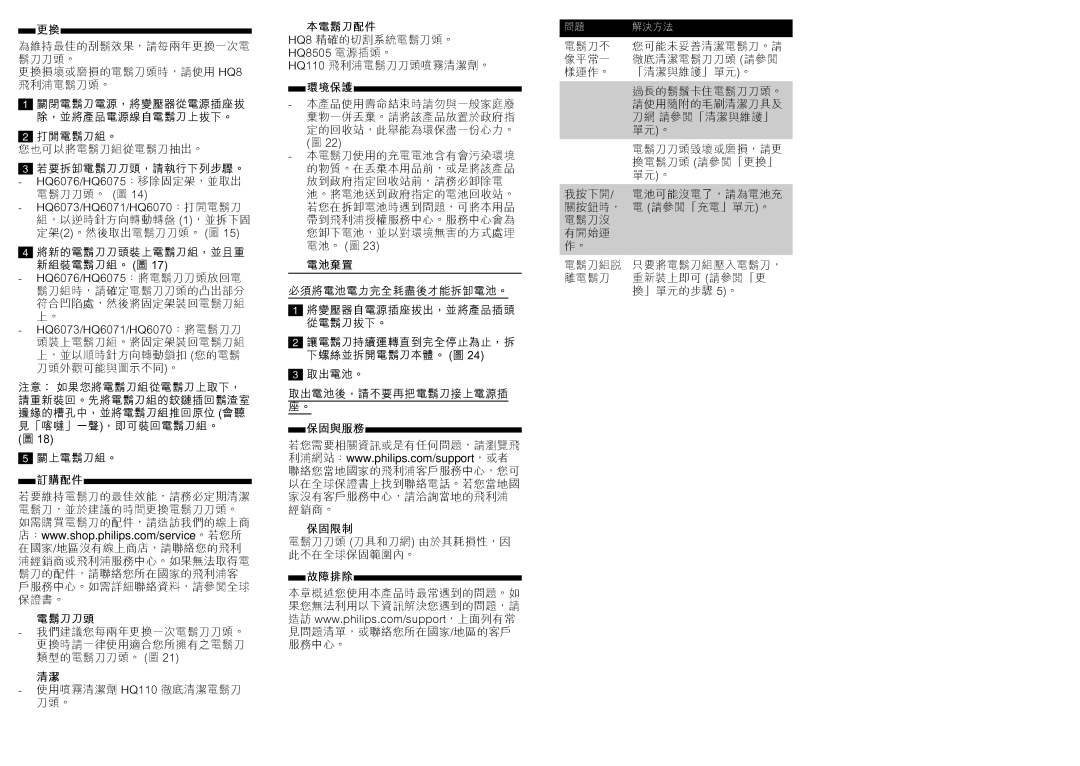 Philips HQ6073, HQ6076, HQ6070, HQ6075, HQ6071 user manual 訂購配件 電鬍刀刀頭 