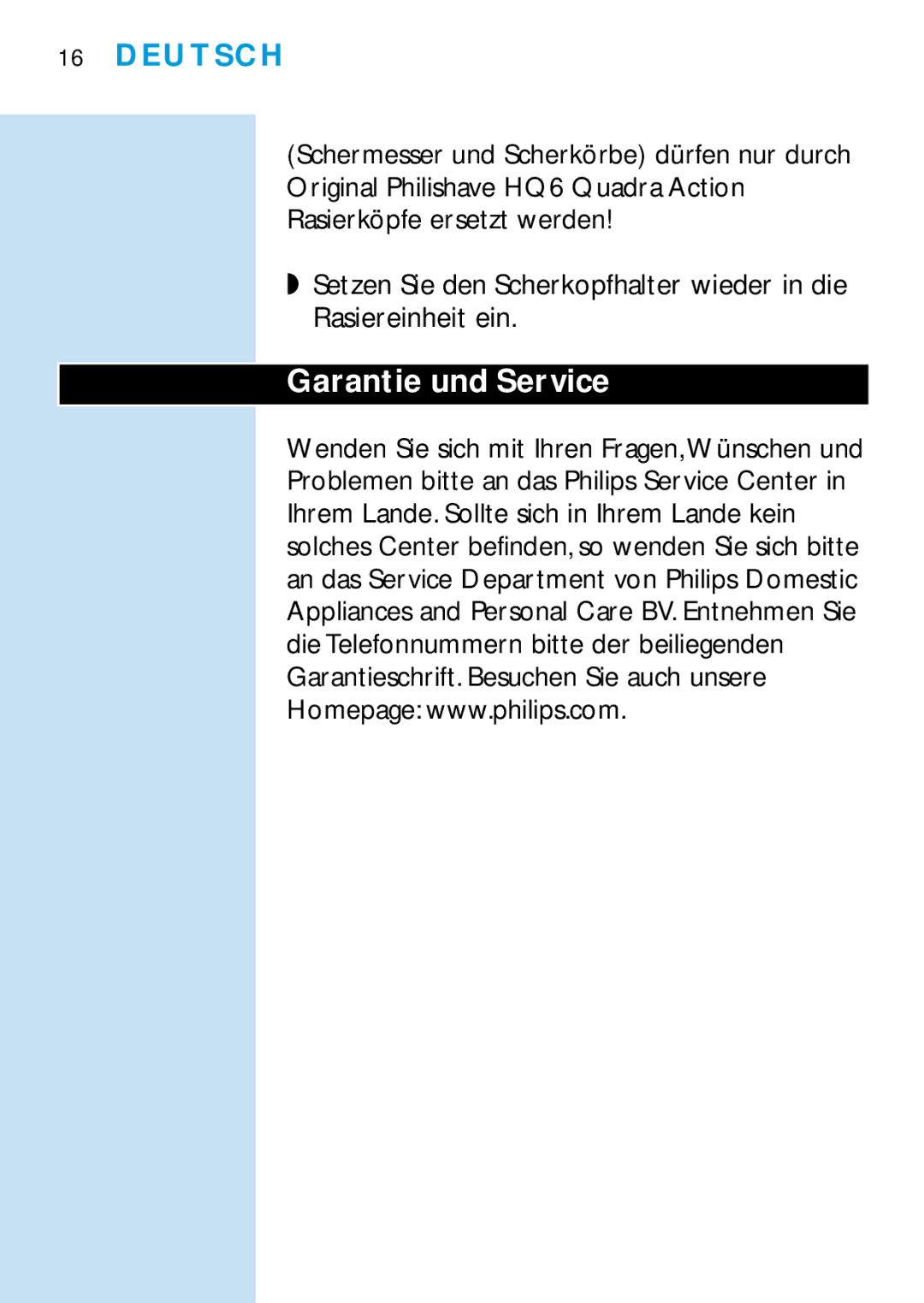 Philips HQ6466, HQ6465, HQ6426, HQ6425 manual Garantie und Service 