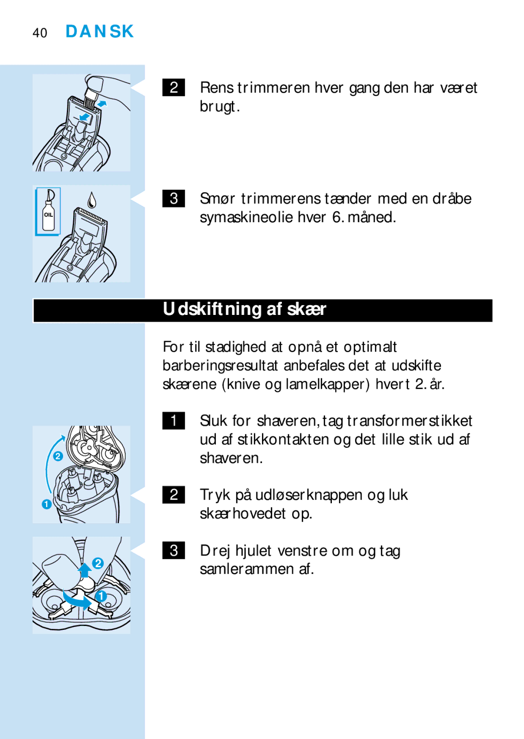 Philips HQ6466, HQ6465, HQ6426, HQ6425 manual Udskiftning af skær 