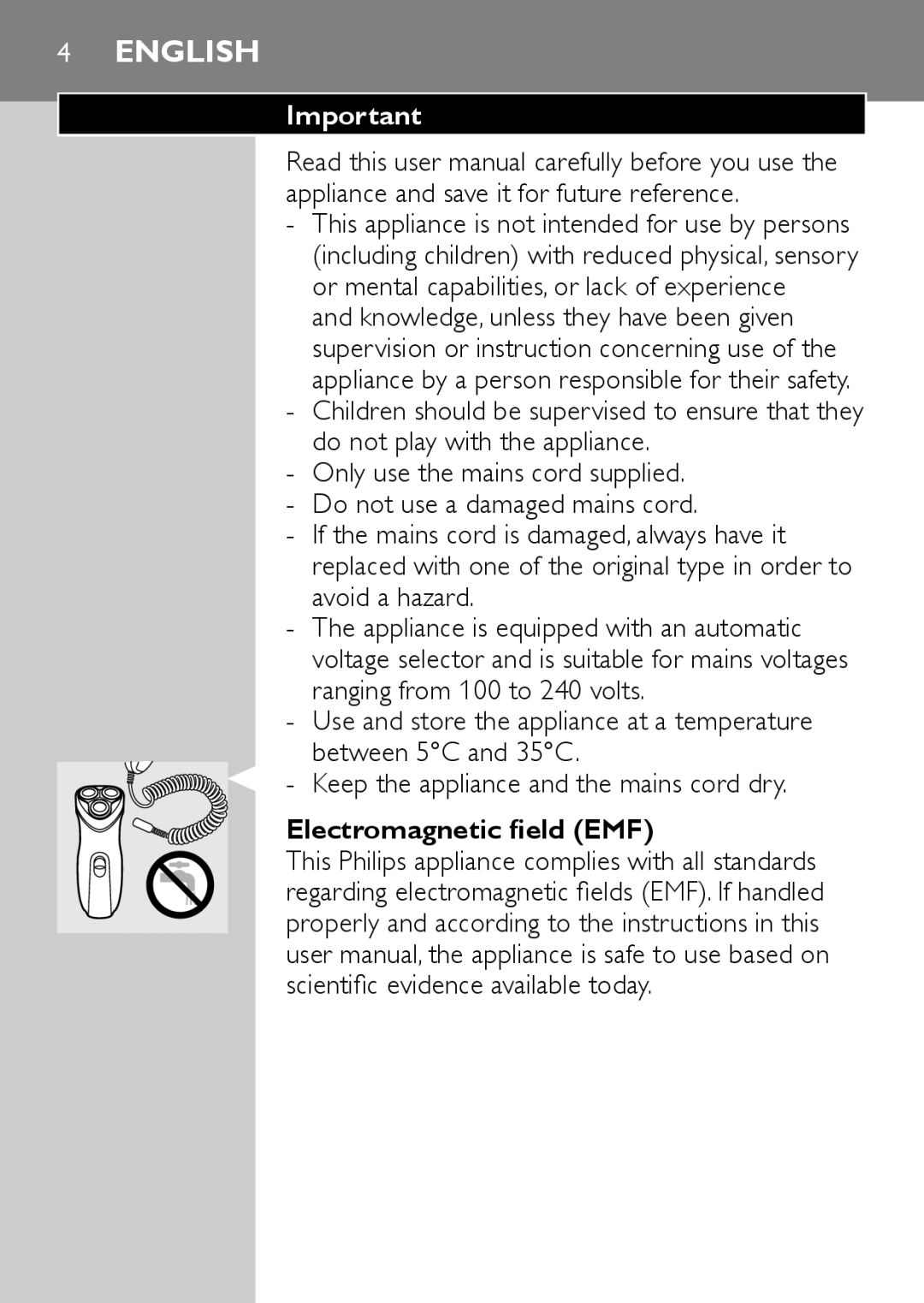 Philips HQ6640, HQ6645 manual English, Electromagnetic field EMF 