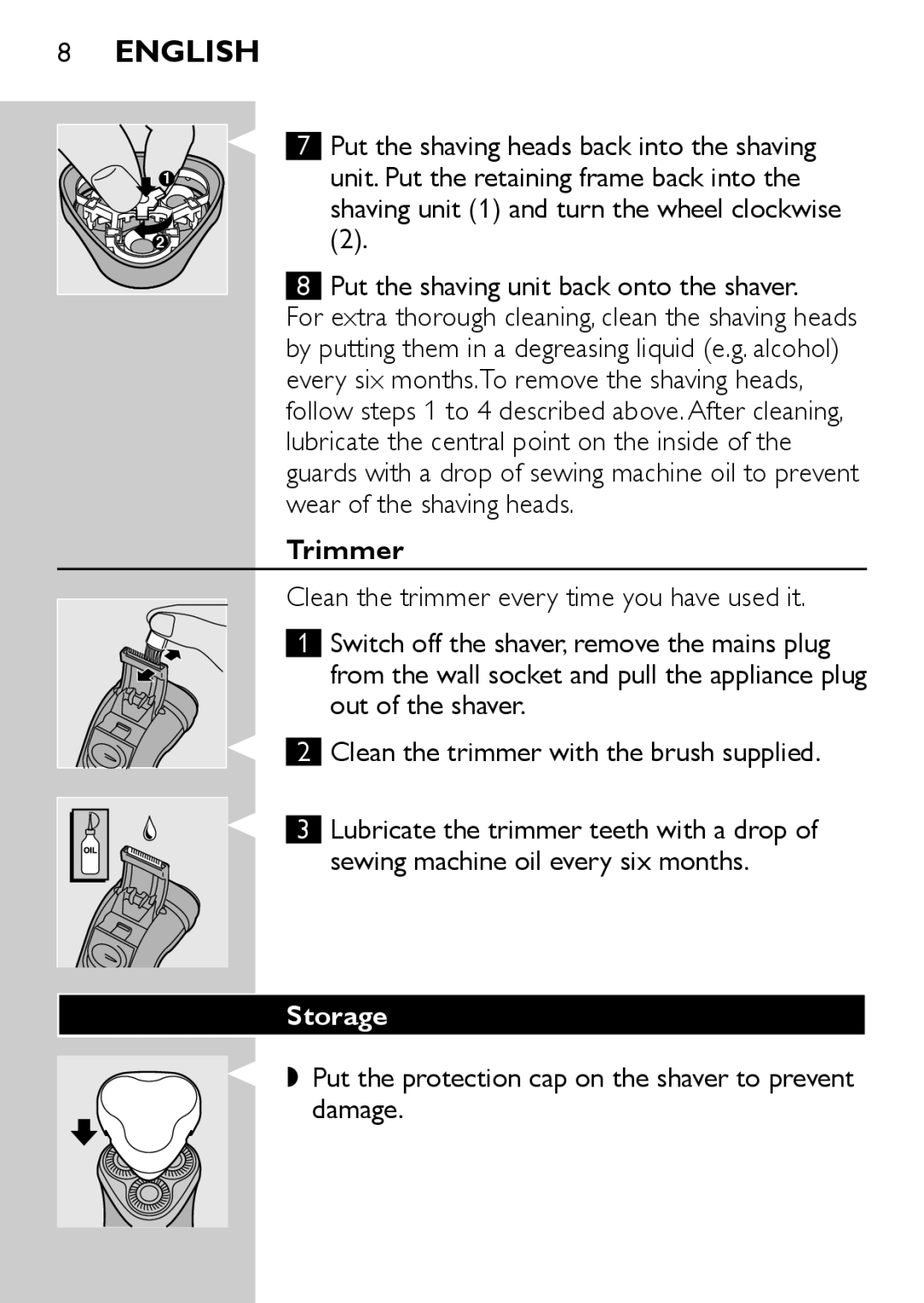 Philips HQ6640, HQ6645 manual Trimmer, Storage, Put the protection cap on the shaver to prevent damage 