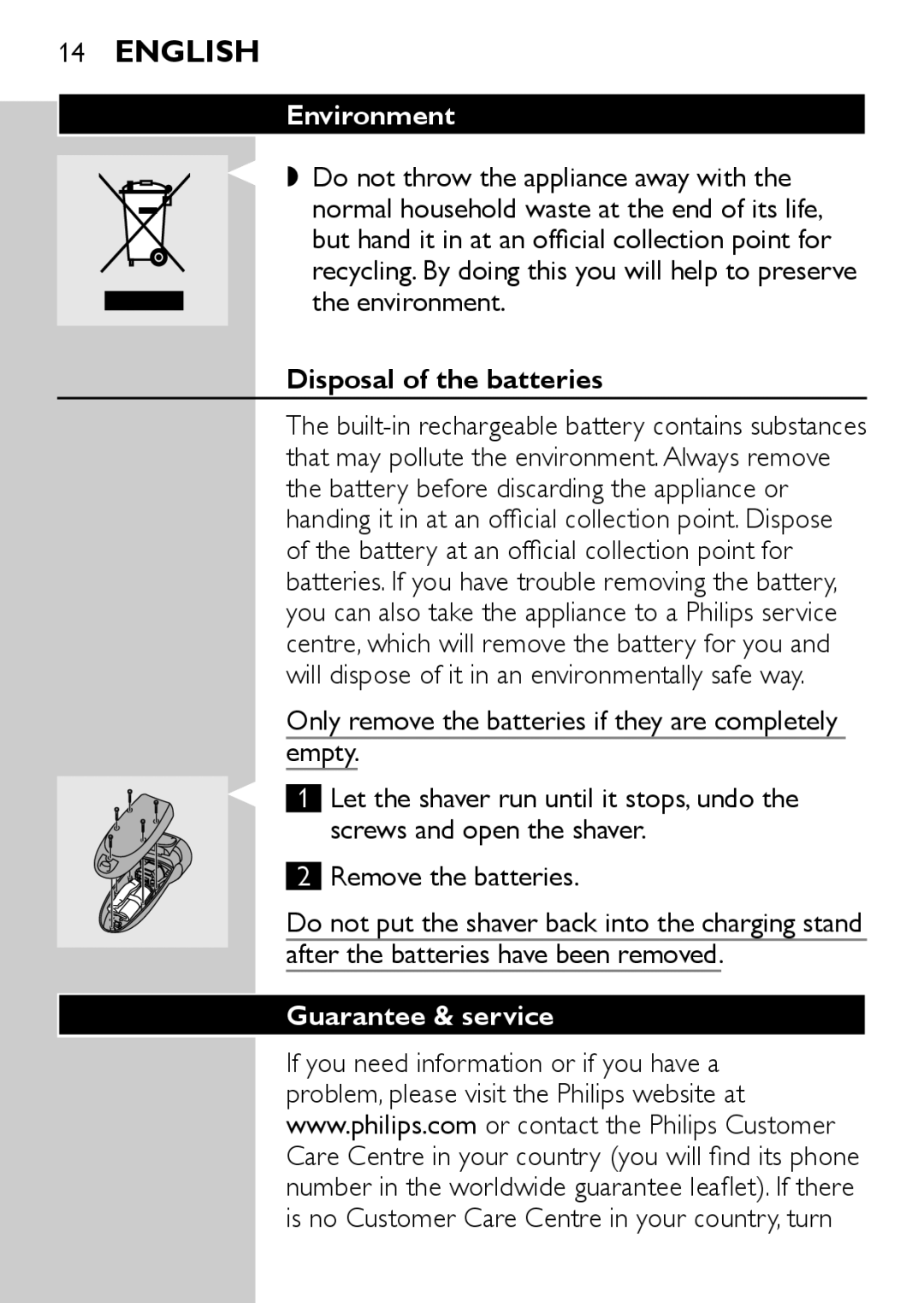 Philips HQ6725, HQ6730, HQ6710, HQ6707 manual Environment, Disposal of the batteries, Guarantee & service 