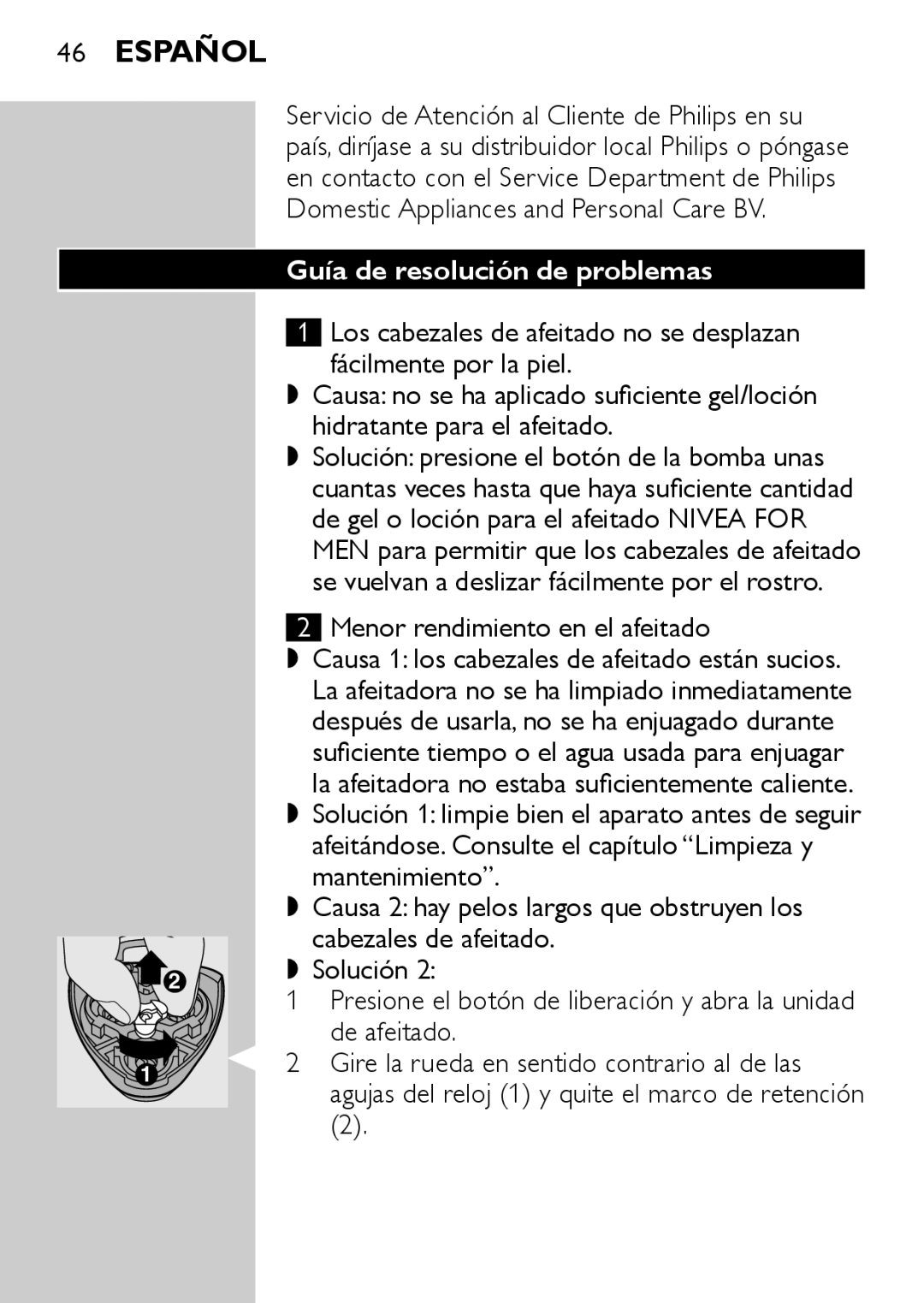 Philips HQ6725, HQ6730, HQ6710, HQ6707 manual Guía de resolución de problemas, Menor rendimiento en el afeitado, De afeitado 