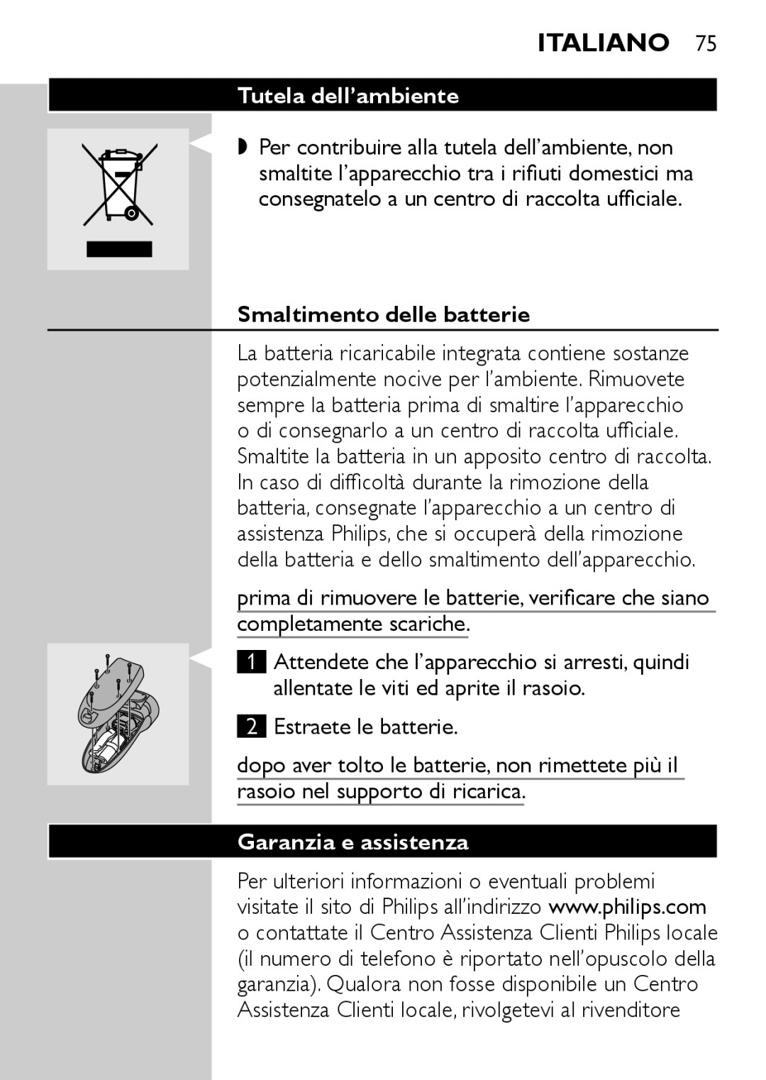 Philips HQ6730, HQ6725, HQ6710, HQ6707 manual Tutela dell’ambiente, Smaltimento delle batterie, Garanzia e assistenza 