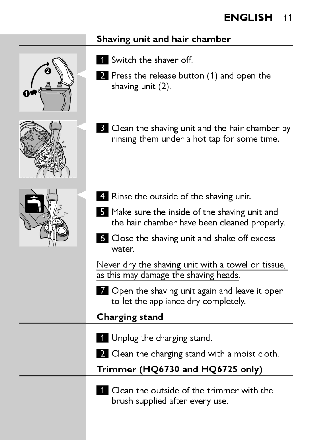 Philips HQ6710, HQ6707 manual Shaving unit and hair chamber, Charging stand, Trimmer HQ6730 and HQ6725 only 