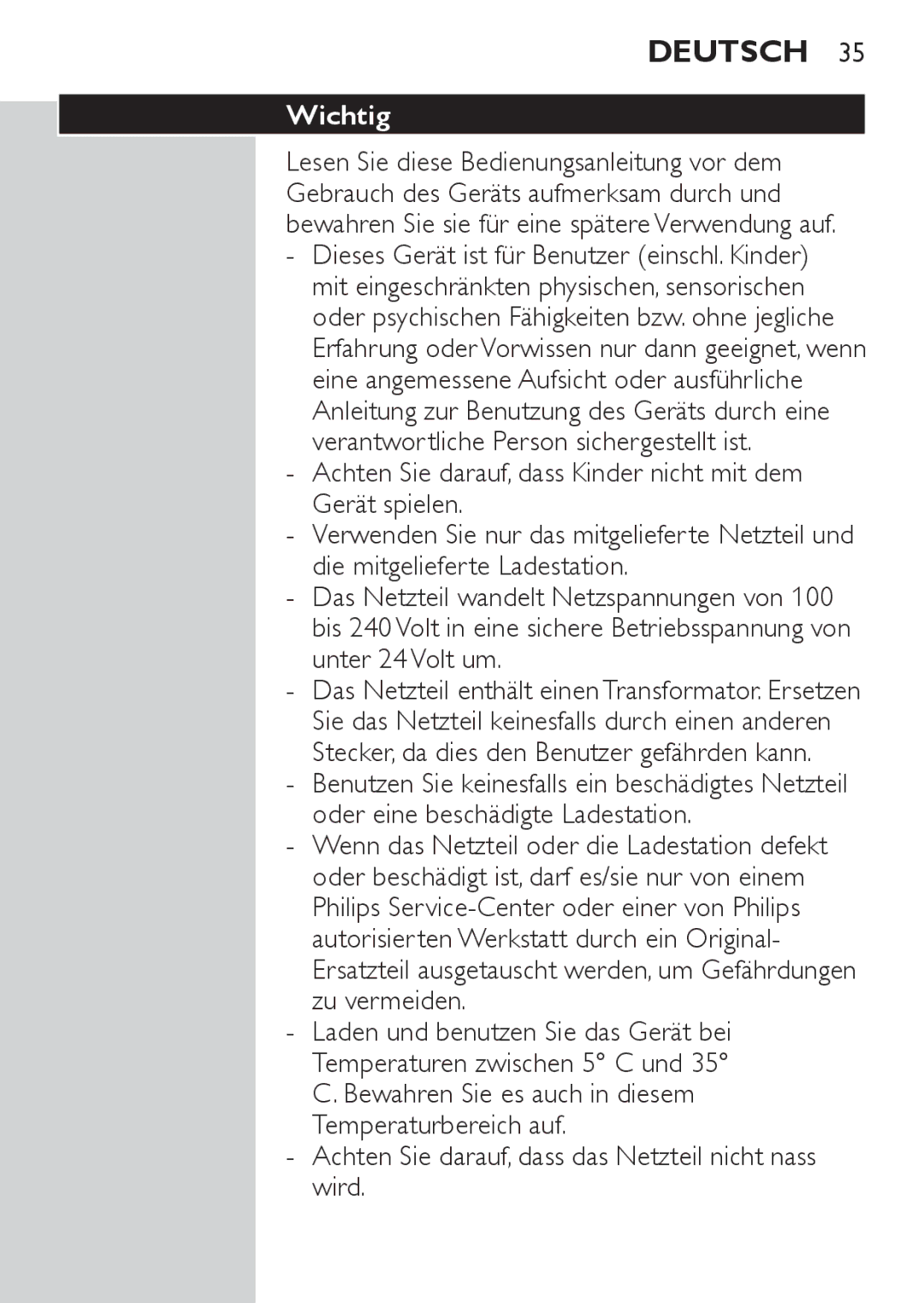 Philips HQ6730 manual Deutsch, Wichtig, Achten Sie darauf, dass das Netzteil nicht nass wird 